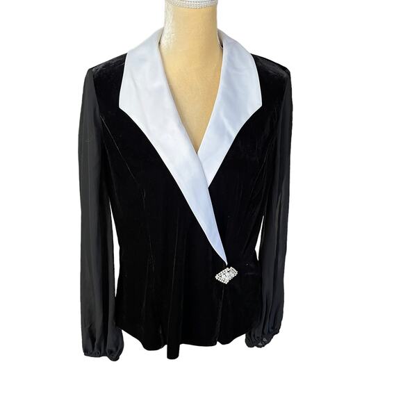 Alex Evenings Fancy Velvet Illusion Sleeve Jacket Blazer Top Black White Large - Picture 1 of 12